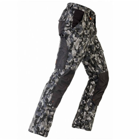 Kapriol – Pantalon de travail multipoches slim-fit – 97% coton, 3% élasthanne stretch – Poches pour genouillères – Couleur gris camouflé – Taille M