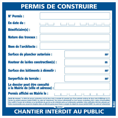 Taliaplast – Panneau d'obligation permis de construire 800 x 800 mm – PP-alvéolaire 400 g/m² – Conforme législation – 570102