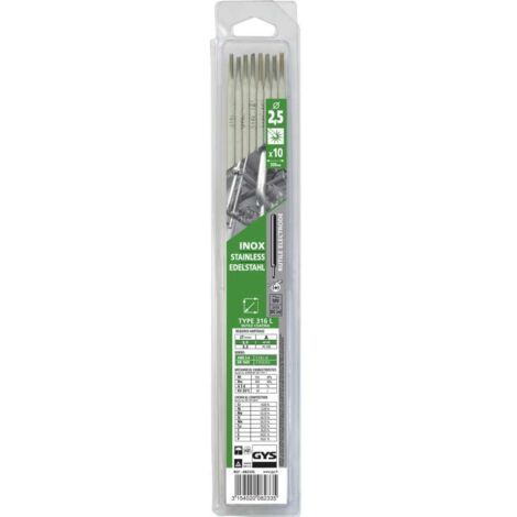 GYS – Électrodes en acier inoxydable 2,5 mm – Lot de 10 – Soudage aciers spéciaux 304/308/316L – Brûlage doux et régulier