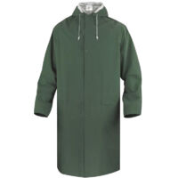 Delta Plus – Manteau de pluie vert 305 – Longueur 1,20 m – Capuche fixe avec cordon – Double fermeture étanche – Poignets coupe-vent – Poches basses