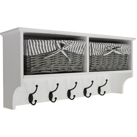 HALLWAY - Wall Storage Shelf with 2 Baskets and 5 Coat Hooks - White / Grey - White / Grey / Black