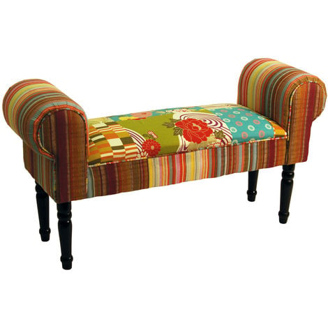 PATCHWORK - Shabby Chic Chaise Pouffe Padded Stool / Wood Legs - Multi-coloured