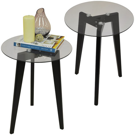 LUNA - PACK OF TWO - Retro Solid Wood Tripod Leg and Round Glass End / Side Table - Black / Clear - Black / Clear