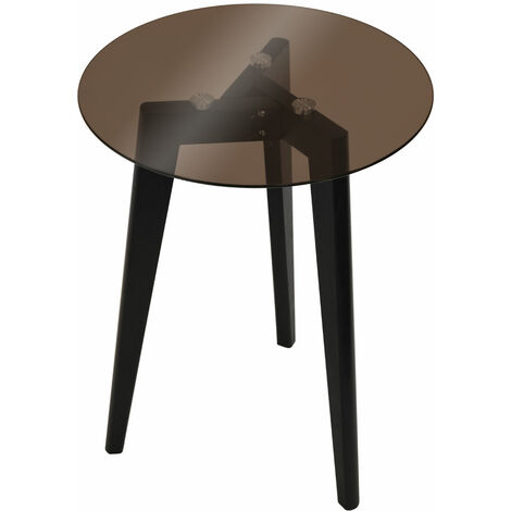 LUNA - Retro Solid Wood Tripod Leg and Round Glass End / Side Table - Black / Tinted - Black / Tinted