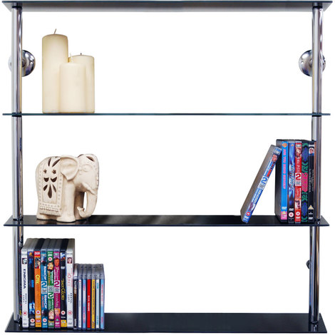 MAXWELL - Wall Mounted Wide Glass 195 CD / 140 DVD Storage Shelves - Black / Silver - Chrome / Black