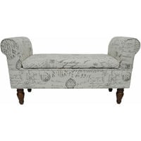 Storage Ottoman Bench / Padded Seat with Retro French Print and Wood Legs - Cream / Brown