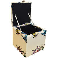 BUTTERFLY - Square Storage Ottoman Stool / Blanket Box Cube - Cream / Multi - Cream / Multi-coloured