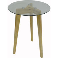 LUNA - Retro Solid Wood Tripod Leg and Round Glass End / Side Table - Natural / Clear - Natural / Clear