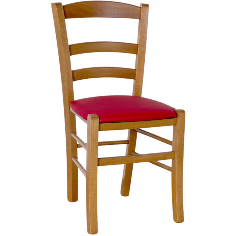 Silla campesina de madera de nogal claro con asiento acolchado rojo (1/5)