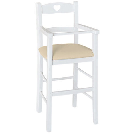 Trona de madera blanca con asiento de ecopiel beige