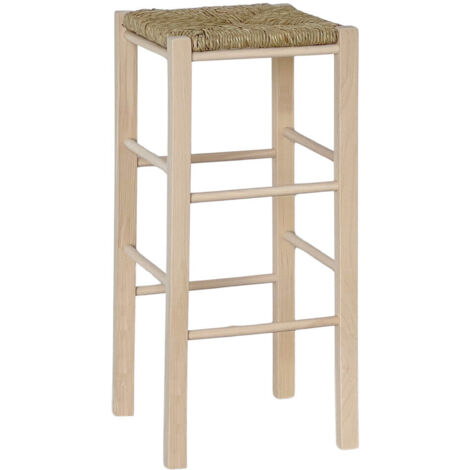 Taburete de bar de madera h 70 cm para pintar con asiento cuadrado de paja