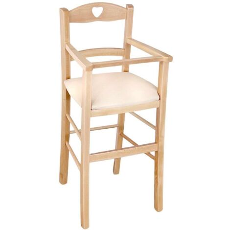 Silla alta en madera de haya natural con asiento acolchado en piel sintética beige