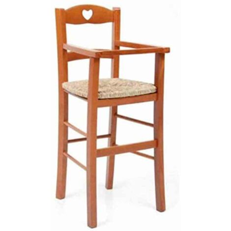 Silla alta de madera color cerezo con asiento de paja para niños