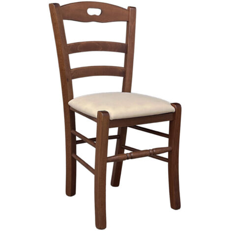 Silla de madera Loris nogal oscuro con asiento acolchado en piel sintética beige