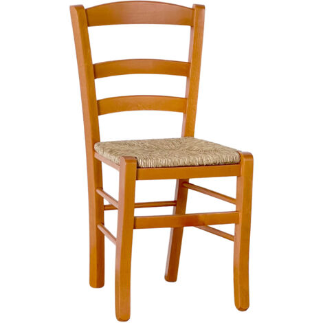 Silla Paesana en madera color cerezo con asiento de paja natural trenzada