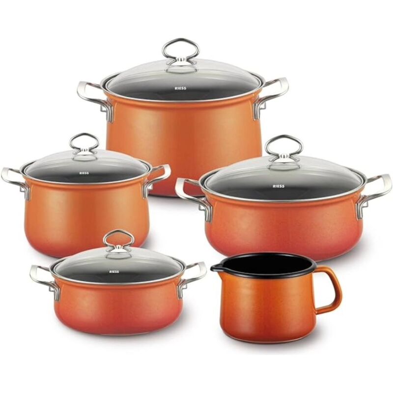 Riess Nouvelle-Corall Crockery Set 5 Pieces - Orange Enamel Cookware, Induction Compatible
