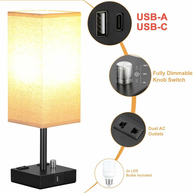 Lámpara de mesa de noche con control táctil con puerto de carga USB C y USB  A y 2 salidas de CA, luz LED minimalista de escritorio con base de