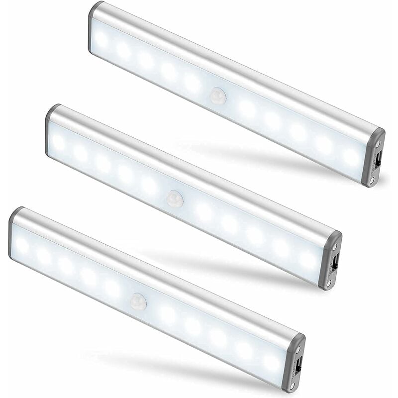 Paquete de 2 tiras de luces LED recargables con sensor de movimiento, luz  LED blanca fría activada por movimiento, tira de luz debajo del armario