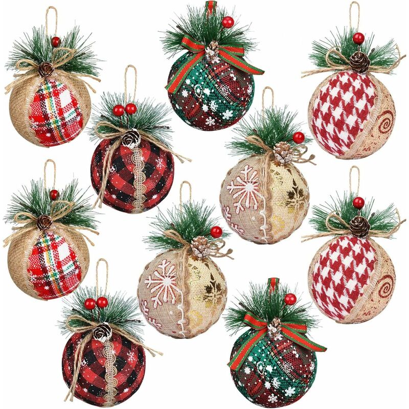 ZOLGINAH 10 Piezas Bolas de Navidad, Bolas de Navidad de Plástico de Yute Adornos Bola de Navidad con Agujas de Pino de Bayas Rojas, Conos de Pino Colgantes de Navidad para la Decoración del Árbol de