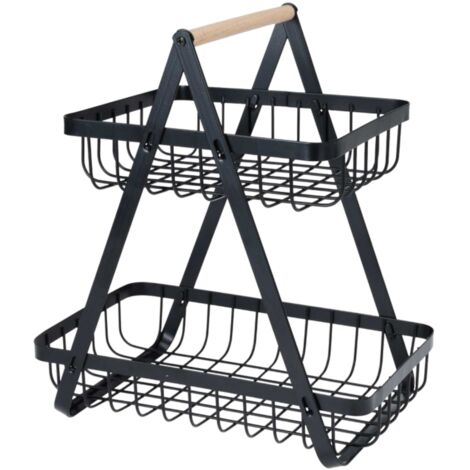 Cesta doble de metal para frutas y verduras, diseño abierto, con asas de madera, color negro