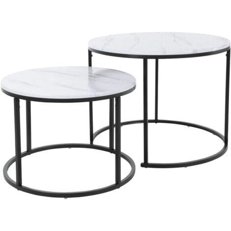 Mesa de centro anidada con tablero de mármol, 60 cm + 50 cm, apta para interior y exterior - blanca