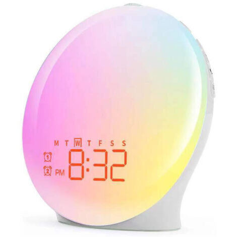 Despertador luminoso, alarma de amanecer, luz de despertador que simula el amanecer y el atardecer, con radio, 15 sonidos de la naturaleza, 2 alarmas, función de repetición, 17 luces de colores, 20 co (1/5)