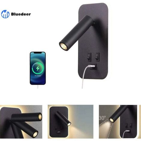 Aplique LED de pared, luz de lectura para mesita de noche con interruptor, puerto de carga USB, iluminación ambiental para dormitorio, foco giratorio ajustable (3 W 3000 K + 9 W luz cálida), color neg