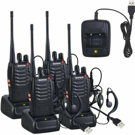 4 walkie-talkies de doble canal de 400-470 MHz con auriculares originales, transmisor de radio FM portátil recargable de 16 canales - Negro