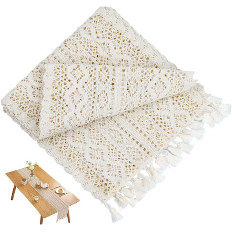 Camino de mesa de macramé beige de 24 x 180 cm, estilo vintage de encaje con borlas, ideal para bodas bohemias, decoración de mesas de comedor, comedores o dormitorios. (1/5)