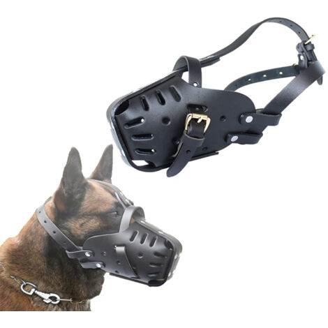 Bozal para perro pastor alemán malinois, protector bucal de cuero para morder y masticar, transpirable, ajustable para perros medianos y grandes, color negro.