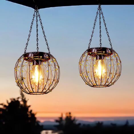Faroles solares colgantes, impermeables, lámpara de araña solar con bombilla LED blanca cálida, luces decorativas para patio, jardín, árbol, camino, pared, alero, pérgola (paquete de 2)