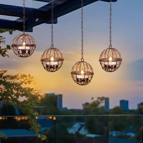 Faroles solares colgantes para exterior, impermeables, candelabro colgante con forma de globo y velas solares parpadeantes, lámpara de araña recargable para patio, jardín, cerca, árbol, decoración (pa (1/5)