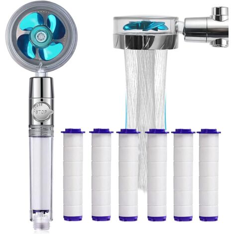 Ducha de mano antical, ahorradora de agua, con filtro universal, giratoria 360° y 6 filtros de algodón PP (azul). (1/5)