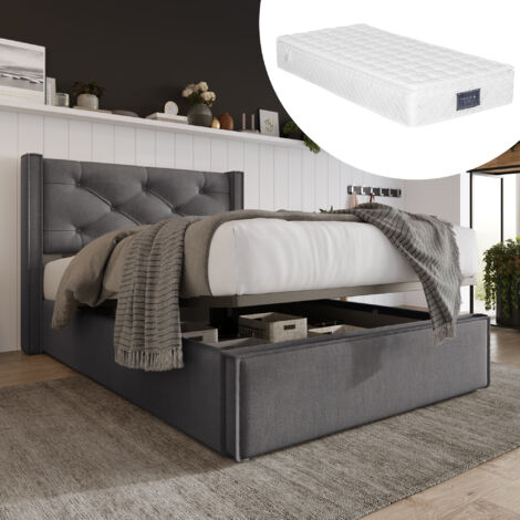 Cama individual hidráulica tapizada 90x200cm, cama con somier de láminas metálicas, estructura de cama moderna con espacio de almacenaje, algodón, gris (con colchón) (1/4)