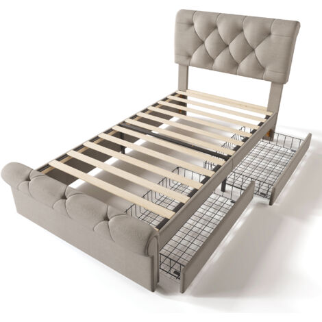 Cama individual tapizada de 90 x 200 cm con cabecero regulable en altura y estructura de cama con 2 cajones, apta para adolescentes y adultos (colchón no incluido). (1/5)