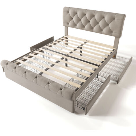 Cama doble tapizada de 140 x 200 cm con cabecero regulable en altura y estructura de cama con 4 cajones, apta para adolescentes y adultos (colchón no incluido). (1/5)