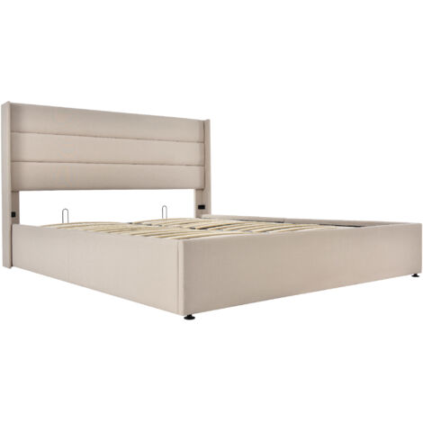 Cama doble hidráulica beige de 140 x 200 cm con somier de láminas de madera y espacio de almacenaje, ideal para niños y adultos (sin colchón). (1/5)