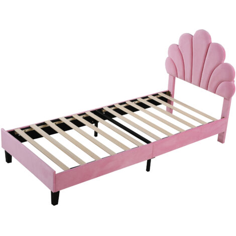Cama individual tapizada de 90 x 200 cm, cabecero de terciopelo floral, estructura de cama con somier, ideal para adolescentes y adultos (rosa). (1/5)