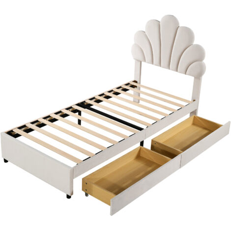 Cama doble tapizada de 90 x 200 cm, cabecero floral, somier con 2 compartimentos, ideal para adolescentes y adultos (beige). (1/4)