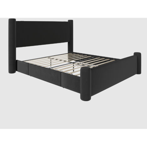 Estructura de cama doble negra de 140 x 200 cm con cabecero tapizado con diseño de columnas 3D, 2 cajones y puerto USB integrado, que aporta comodidad y estilo a tu dormitorio (sin colchón). (1/5)