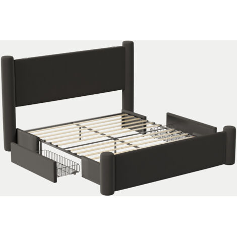 Estructura de cama doble negra de 160 x 200 cm con cabecero tapizado con diseño de columnas 3D, 2 cajones y puerto USB integrado, que aporta comodidad y estilo a tu dormitorio (sin colchón). (1/5)