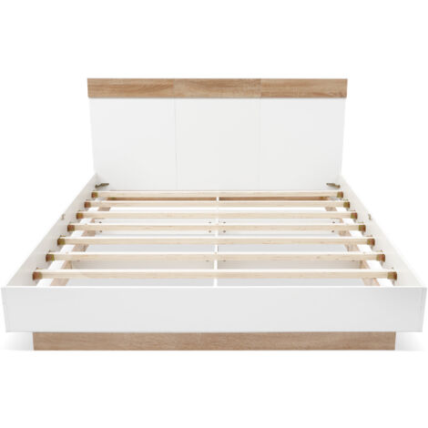 Cama doble blanca de 205 x 184 x 90,5 cm con estructura de madera maciza integrada, cómoda y resistente, ideal para adolescentes y adultos (colchón no incluido). (1/4)
