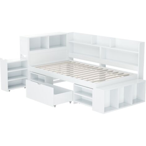 Cama individual blanca de 90 x 200 cm, estructura de cama integrada con cajones, librerías y taquillas, amplio espacio de almacenamiento, ideal para un entorno de vida y estudio ordenado (colchón no i (1/5)
