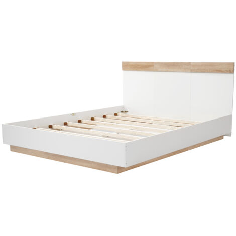 Cama doble blanca de 205 x 144 x 90,5 cm, con estructura de madera maciza integrada. Cómoda y resistente. Ideal para jóvenes y adultos (colchón no incluido). (1/4)