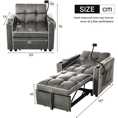 Sofá Cama Individual 3 En 1 MOBETTRES - Con Puerto USB, Reclinable Y Extensible, Ideal Para Espacios Pequeños