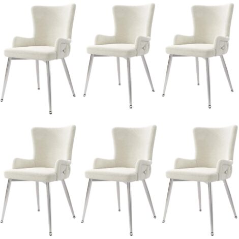 Juego de 6 sillas de comedor minimalistas modernas de terciopelo beige con cuatro patas de metal plateado, ideales para oficina en casa, sala de estar y dormitorio. (1/5)