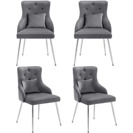 Juego de 4 sillones modernos de terciopelo gris con tapizado abotonado y patas de metal, ideales para sala de estar, dormitorio, oficina o estudio. (1/5)