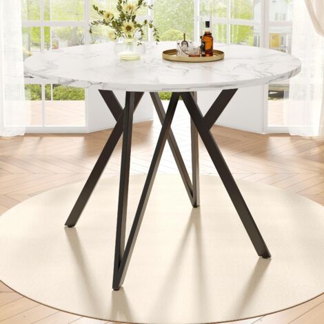 Mesa de comedor redonda de cocina, tablero de MDF de mármol blanco con elegantes patas negras, ideal para comedor y salón (100 × 100 × 76 cm). (1/5)