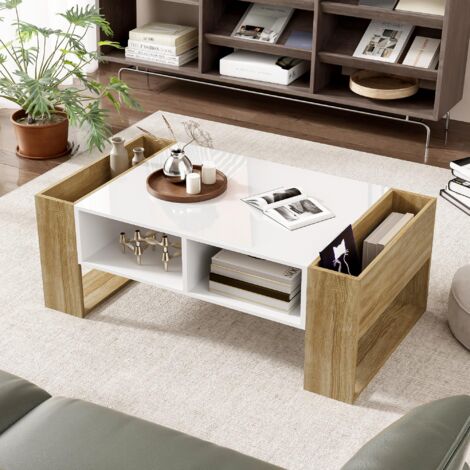 Mesa de centro moderna de 105 x 60 x 40 cm, tablero parcialmente de alto brillo, con cajones y compartimentos abiertos, ideal para salón, dormitorio, oficina o recibidor. (1/5)