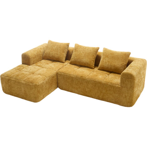 Moderno sofá seccional de terciopelo amarillo, de 3 plazas y forma de L, con bolsillos laterales para control remoto, reposabrazos y 3 cojines, ideal para el hogar, sala de estar u oficina. (1/5)